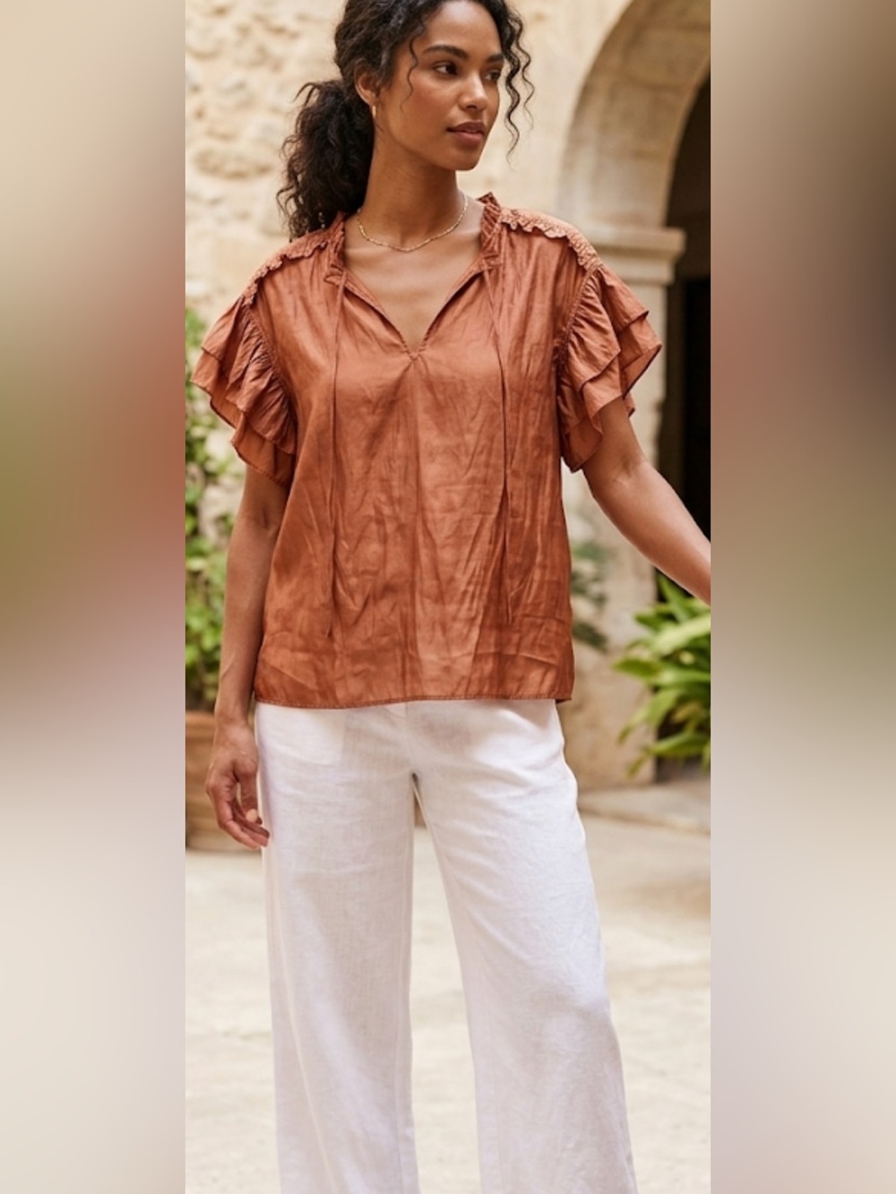 Current Air Rust Ruffle Flutter Sleeve Tie-Neck Blouse - Size M